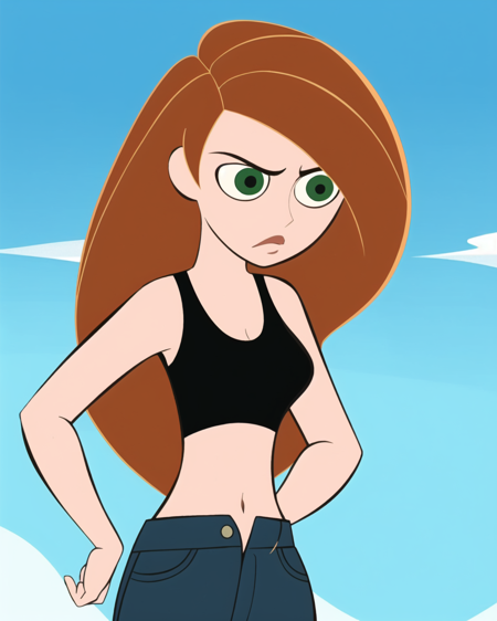 kim possible style, masterpiece, best quality, 1girl, solo, green eyes, brown hair, long hair, parody, looking down, midriff, style parody, navel, tank top, crop top, upper body, breasts, <lora:kim_possible_offset:1>