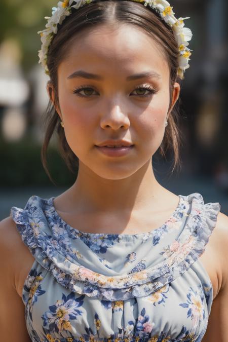 close up photo of gabsy1 with a happy look on the face, (upper body), house wife style, (floral print milkmaid dress:1.3), in front of city street, (city street), detailed skin texture, (blush:0.5), (goosebumps:0.5), subsurface scattering, ultra hd, 4k, high def, realistic, Photorealistic, Hyperrealistic, Hyperdetailed, analog style, detailed skin, matte skin, soft lighting, subsurface scattering, realistic, heavy shadow, masterpiece, best quality, ultra realistic, 8k, golden ratio, Intricate, High Detail, film photography, soft focus