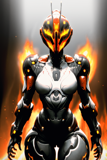 (masterpiece, best quality, high quality, absurdres, soft lighting, film grain, semirealistic),
(1girl, robot, humanoid, solo, good body), (sci-fi theme, hard panels), (helmet, mecha body, thighs guards, gauntlets), ((black and white color scheme)),
(medium breasts, toned), ((scenery, fire, upper body)), <lora:EmberV1:0.7>