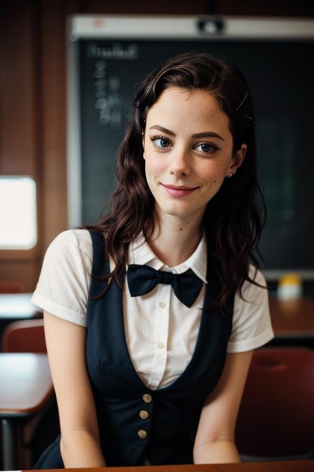 photo of a woman, kayascod, teaching in a classroom, nice shirt, bowtie, closeup, portrait, epicphoto, classy picture, highly detailed, smiling, chalk, chalkboard, desks