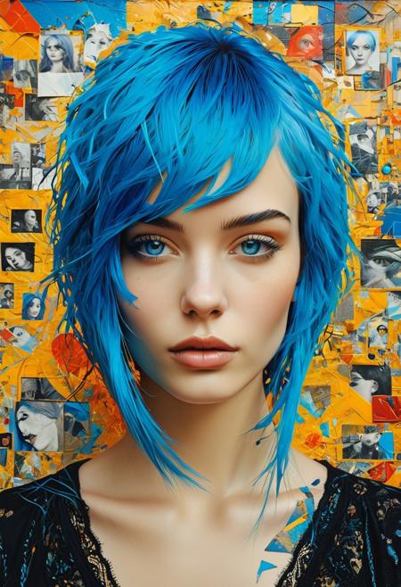 A captivating woman with electric blue hair, whose look is reminiscent of multi-layered collages and bold street art, graces this striking portrait. Her features are a mesmerizing blend of fragmented icons, her eyes intensely rendered with crossed colors. The painting, showcasing hyper-realism and an edgy style, exudes an air of celebrity and allure. The tremendous attention to detail and vibrant colors transform this image into a remarkable work of art, masterfully merging elements of pop culture with refined technique.