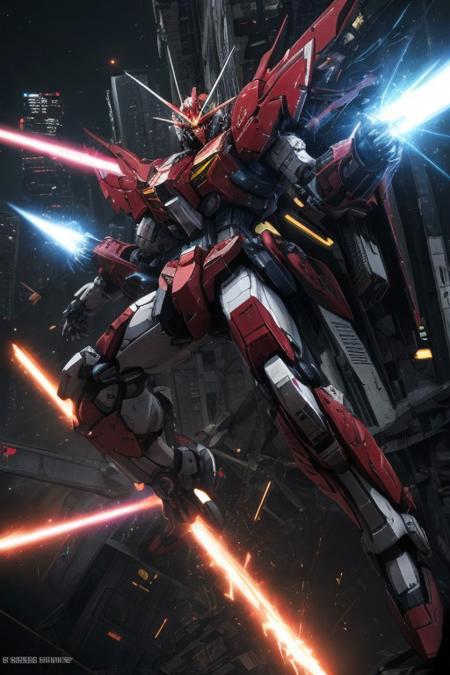 A towering white-and-cobalt Gundam X Zero mecha unleashes its twin satellite cannon in a war-torn cyberpunk cityscape, glowing energy beams tearing through collapsing skyscrapers as thrusters ignite beneath its armored legs. Neon-lit debris swirls around its angular frame, with holographic targeting grids flashing across its crimson mono-eye visor while plasma flames ripple across its beam saber's energized blade.
