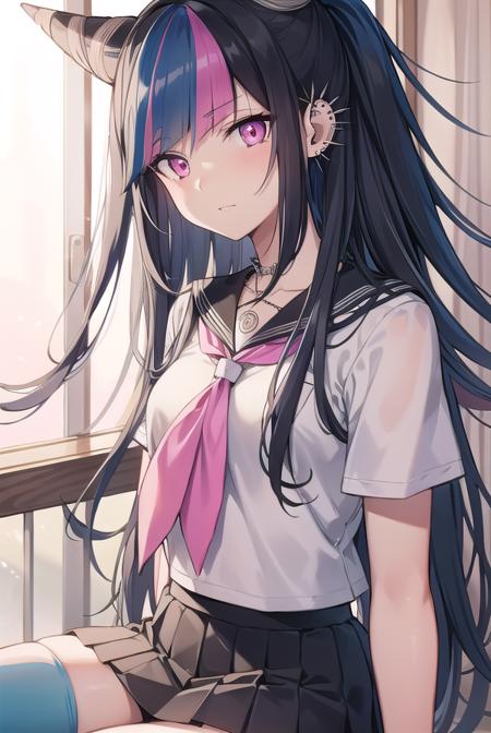 ibukimioda, <lyco:ibukimioda-lyco-nochekaiser:1>,
ibuki mioda, black hair, blue hair, hair horns, ear piercing, lip piercing, long hair, multicolored hair, (pink eyes:1.5), pink hair, white hair,
BREAK asymmetrical legwear, black skirt, blue thighhighs, jewelry, mismatched legwear, neckerchief, necklace, piercing, pleated skirt, ring, school uniform, serafuku, shirt, skirt, thighhighs, torn clothes, torn thighhighs, zettai ryouiki,
BREAK looking at viewer,
BREAK indoors, classroom,
BREAK <lyco:GoodHands-beta2:1>, (masterpiece:1.2), best quality, high resolution, unity 8k wallpaper, (illustration:0.8), (beautiful detailed eyes:1.6), extremely detailed face, perfect lighting, extremely detailed CG, (perfect hands, perfect anatomy),