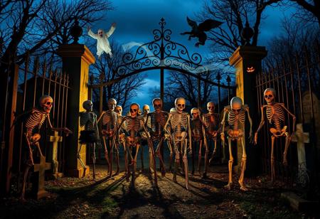 The cemetery gates creak open as the night falls on Halloween. Zombies, with their rotting flesh and vacant eyes, claw their way out of the graves. Their moans echo through the still air. Skeletons, rattling their bones, rise up and start to form a macabre parade. Some are missing limbs but still move with an eerie grace. Ghostly figures float above, their transparent forms adding to the horror. A mummy, wrapped in tattered bandages, shuffles forward, and a werewolf howls in the distance, as if announcing the return of all these undead beings to the world of the living.