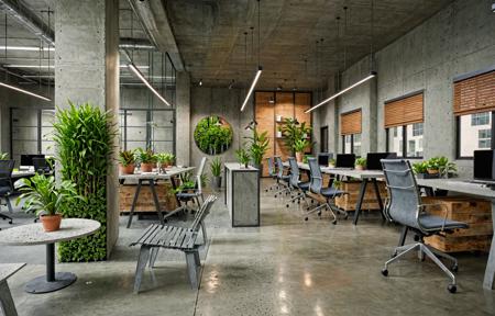 Modern Office Area
Urban Nature: Create an urban-inspired entrance with sleek concrete walls, large potted plants, and glass elements. Use a mix of industrial and natural materials to create a modern, nature-infused city office.