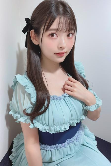 20yo, 8k, RAW portrait of (japanese girl), photo realistic, ultra high res, best quality, real life photo , dramatic, atmospheric, 
1girl, a very beautiful japanese girl, glamour shot of girl, natural skin, long hair, bangs,
big beautiful detailed eyes, brown hair, beautiful detailed nose, medium breasts, 
frills, bow, frilled dress, see-through,
<lora:sumire>, looking at viewer, blurry background, upper body, simple background, kneeling, (at night :1.1)