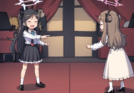 <lyco:pointingspider-08:0.7> pointingspider, long hair, smile, open mouth, multiple girls, skirt, brown hair, shirt, black hair, dress, bow, very long hair, closed eyes, hairband, necktie, shoes, striped, 3girls, one side up, halo, parody, stuffed toy, stuffed animal, crossover, teddy bear, trait connection