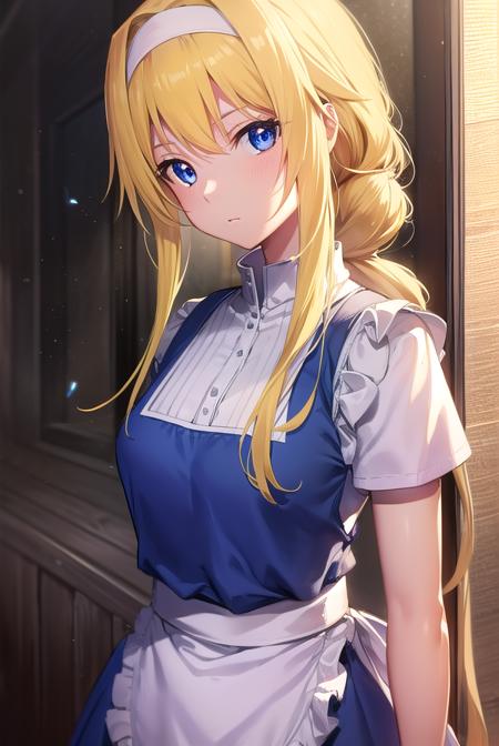 alice zuberg, bangs, blue eyes, blonde hair, hair between eyes, very long hair, braid, hairband, white hairband, dress, cape, armor, blue dress, shoulder armor, gauntlets, pauldrons, breastplate, armored dress, faulds, blue cape, knight, (gold armor:1.5), body armor, dress, bow, ribbon, short sleeves, frills, apron, puffy short sleeves, blue dress, brown footwear, knee boots, white bow, white apron, frilled apron,