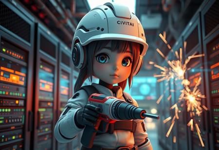 just one cute android girl with construction helmet, holding a futuristic drill, in a server room, multilple servers and monitors, it says "CIVITAI" on the helmets, impressive electric arcs and sparks in the background, lucid dream-like 3d model, photorealism, cinematic realism, unreal engine