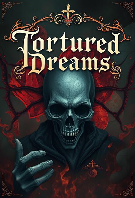 A vivid digital art piece depicting the dreams of a schizophrenic, scary surreal image, written above the main focus of the image in elegant filigree and calligraphy lettering are the words "Tortured Dreams"