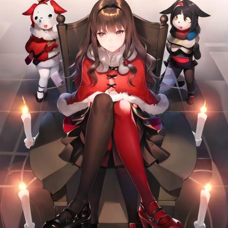 Aria, 1girl, [brown|red] pantyhose, (brown legwear:1.5), brown eyes, brown hair, fur trim, hairband, skirt, capelet, red capelet, black footwear, (red legwear:1.5), asymmetrical footwear, red footwear,