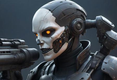 JuggernautNegative, <lora:xl_yamer_style-2.0:1>"Create a close-up 4K highly detailed digital artwork featuring a mystical post-apocalyptic cyborg holding a gun. Blend elements of cyberpunk dark fantasy with epic sci-fi character art, drawing inspiration from Borderlands for detailed renderings. The artwork should evoke an edgy, advanced cyberpunk aesthetic, showcasing a cyberpunk skeleton in a sci-fi adventure setting. Focus on intricate details and vivid colors to create an epic and visually striking 4K digital art piece."