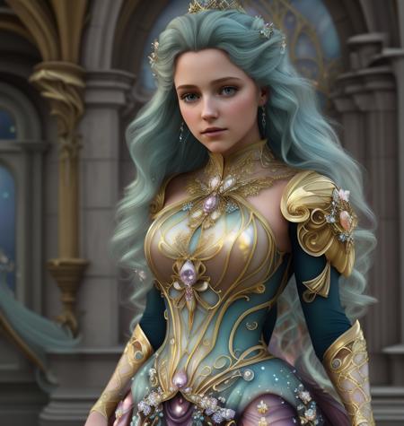 1girl , hair blonde, masterpiece, A photograph of  dress transparent, gem, in dress long, details, art nouveau octane render, detailed scene, magical items, highly detailed scen, Princess girl with wing, Blue, Pastel, glitter, dramatic, dreamy, pastel, Watercolor, Whimsical, Delicate, seashell crown <lora:ornate:1.99>