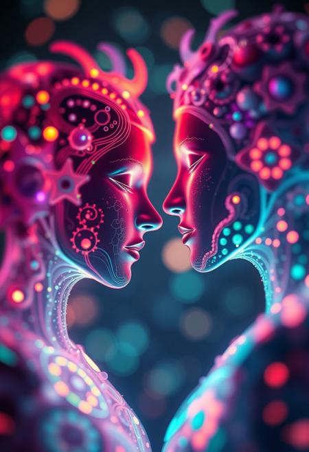 A surreal digital art piece showcasing a union with glowing bioluminescent colors and a blurred bokeh effect. The dreamlike composition features intricate details, nature-inspired themes, cosmic elements, and abstract landscapes. Sharp subject focus, a soft background, and vibrant glow are created using natural light effects.