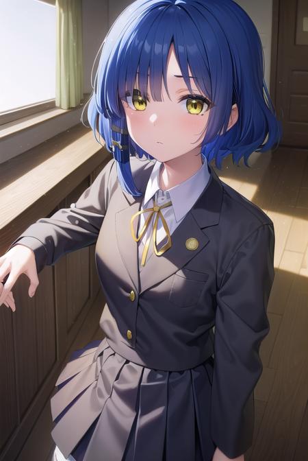 ryouyamada, <lora:ryouyamada-lora-nochekaiser:1>, 
ryou yamada, blue hair, eyes visible through hair, mole, mole under eye, short hair, (yellow eyes:1.5), hairclips,
BREAK black pantyhose, black ribbon, blue skirt, brown footwear, loafers, long sleeves, pantyhose, ribbon, school uniform, shimokitazawa high school uniform, shirt, shoes, skirt, white shirt,,
BREAK indoors, classroom,
BREAK looking at viewer, (cowboy shot:1.5),
BREAK <lyco:GoodHands-beta2:1>, (masterpiece:1.2), best quality, high resolution, unity 8k wallpaper, (illustration:0.8), (beautiful detailed eyes:1.6), extremely detailed face, perfect lighting, extremely detailed CG, (perfect hands, perfect anatomy),