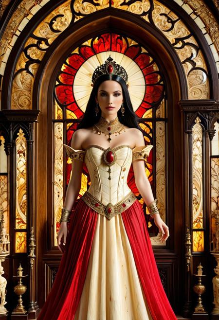 masterpiece, absurdres, 8k, ultra high detail, vivid colors, cinematic lighting, realistic texture, glow, shimmering gradients, intricate textures, luminous lighting, radiant reflections, deep contrast, soft volumetric fog, ambient occlusion, shimmering particles in the air, stained glass wall, intricate cinematic background, center frame, dynamic pose, statue style, no humans
1statue, gemstone eyes, long flowing ebony hair, ivory skin with glowing cracks, wearing an elegant scarlet formal gown, adorned with a royal scrimshaw crown, golden gorget, stained glass backdrop casting colorful light, raytracing illumination, volumetric lighting, soft dust particles in the air, rich color tones, high fantasy atmosphere, gothic horror elegance, standing in a temple made of ebony and ivory bone carving, surrounded by the temple altar and candelabras of metal and ivory
