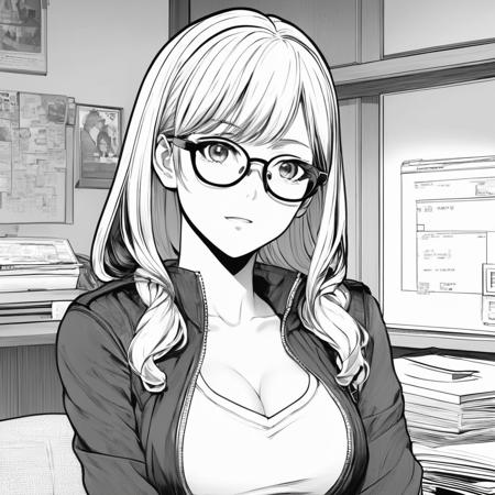 best quality, anime, wearing a jacket, big breast, glasses, focus on face, room, manga, (lineart), (monochrome), black and white, (colorless)
,Lineart, LineAniAF
,<lora:LineAniRedmondV2-Lineart-LineAniAF:1>