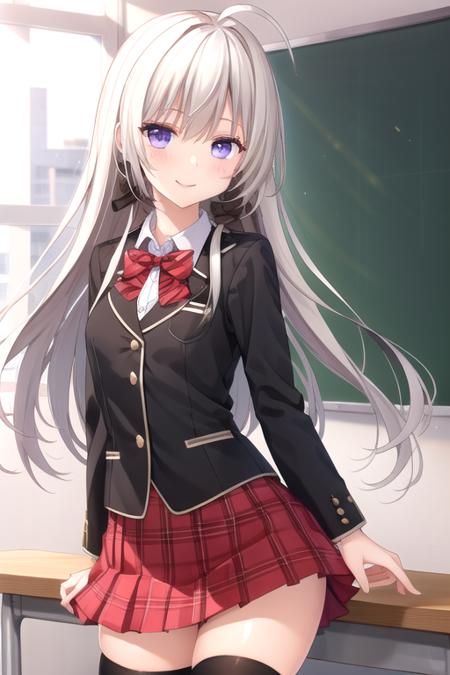 Aoi Sumire ahoge,long hair,grey hair,hair intakes,hair ribbon,black ribbon,sidelocks,bangs,purple eyes black jacket,wing collar,red bowtie,collared shirt,white shirt,small breasts,long sleeves,miniskirt,red skirt,pleated skirt,plaid skirt,lace skirt,zettai ryouiki,black thighhighs,loafers