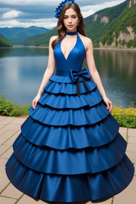 1 woman, 22yo, (realistic, masterpiece, high detailed skin:1.2) (looking at viewer, full body shot, scenic view, long hair:1.2)
<lora:Blue_Halter_Gown_By_Stable_Yogi:1>
blue halter ball gown, waist bow, elbow gloves