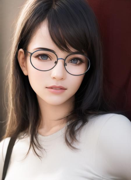 (realistic:1.5), masterpiece, best quality, high quality, 1girl, solo,, glasses, round eyewear, upper body, <lora:glasses-f:1>