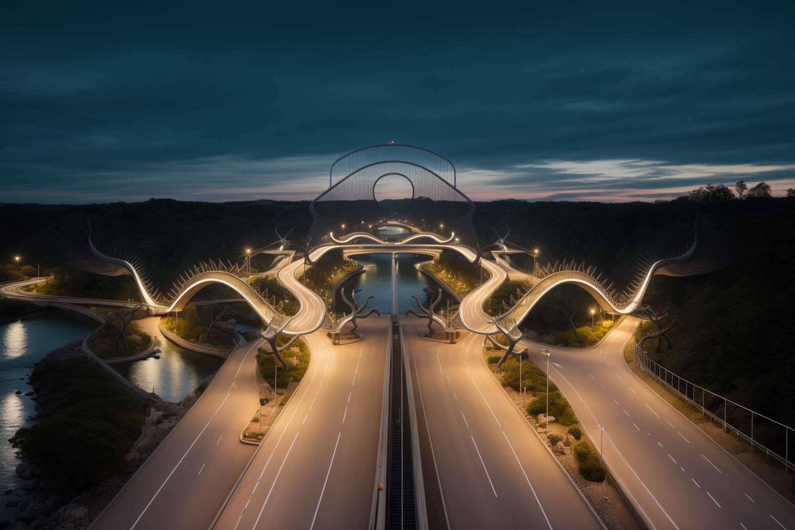 A bridge with a double helix design at night.