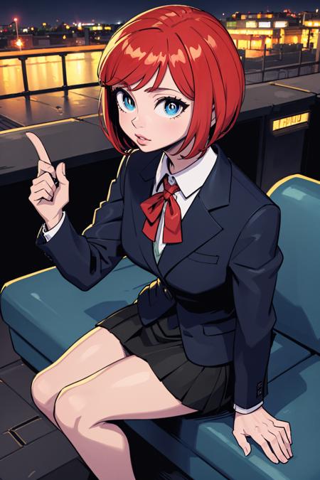 (masterpiece, best quality:1.2), <lora:sunafukitabito:.95>, sunafukitabito, 1girl, solo, short hair, blue eyes, sitting, red hair, skirt, night, looking at viewer, ground vehicle, outdoors, city, suit, lips, jacket, formal