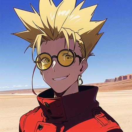 ((1man)), (Vash Stampede), smile, yellow hair, (long red coat:1.0), black trousers, (yellow eyewear, circle eyewear:1.2), standing, (portrait), desert background, (masterpiece, best quality, extremely detailed CG, beautiful detailed eyes, ultra-detailed, detailed face, detailed shadows, ambient occlusion, intricate details),  <lora:VashStampede:0.9>