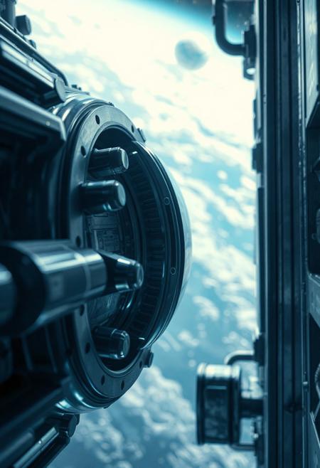 Realistic cinematic scene in 4K resolution of a modern space station docking, close-up of docking glands, hydraulic mechanisms, and connector tubes, soft reflections on metallic surfaces, subtle ambient lighting, cold blue and grey color tones, melancholic and nostalgic atmosphere, Earth visible in the background, light fog and particles in space, highly detailed, photorealistic, cinematic lens effects, shallow depth of field, modern sci-fi style, sharp focus