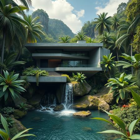 A futuristic concrete brutalist modern house on a waterfall inspired from a famous architect, with exotic luxuriant vegetation around, in a tropical jungle setting, photorealistic, a masterpiece, 4K, high details, view from close, wide lenses camera