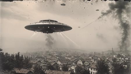 B&W 35mm vintage photo of a UFO in a WW2 picture, destroyed city backdrop <lora:Vintage_Street_Photo:1>