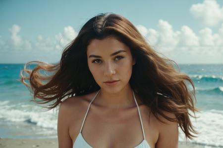 vintage photography, woman, vibrant film, (wind in hair:1.1), on beach,55mm, <lora:detail_slider_v4:1>, white bikini,island at sea
