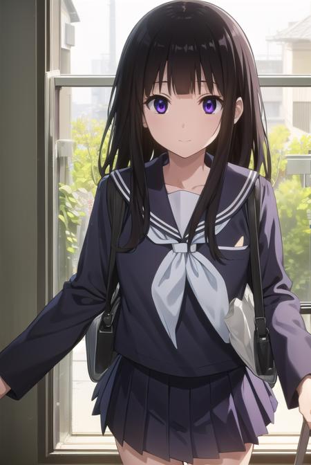 eruchitanda, <lora:eru chitanda s1-lora-nochekaiser:1>,
eru chitanda, long hair, black hair, bangs, blunt bangs, (purple eyes:1.1), sidelocks, smile,
BREAK skirt, school uniform, serafuku, kamiyama high school uniform \(hyouka\), black skirt, long sleeves, black sailor collar,
BREAK indoors, classroom,
BREAK looking at viewer, (cowboy shot:1.5),
BREAK <lyco:GoodHands-beta2:1>, (masterpiece:1.2), best quality, high resolution, unity 8k wallpaper, (illustration:0.8), (beautiful detailed eyes:1.6), extremely detailed face, perfect lighting, extremely detailed CG, (perfect hands, perfect anatomy),