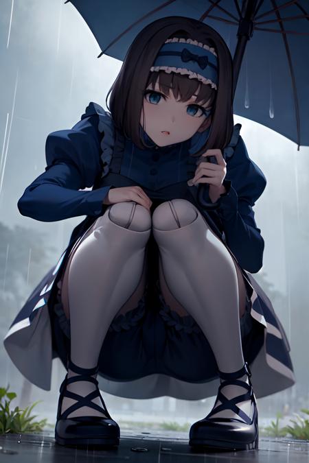 <lyco:Garie-loha-V3:0.8>,Garie,1girl,solo,frilled dress,puffy sleeves,, ,squatting, bloomers, mary janes, doll joints, parted lips, outdoors, rain,shade,grey_sky,looking_down,from below, looking at viewer,head tilt,(holding umbrella:1.01), blue umbrella,