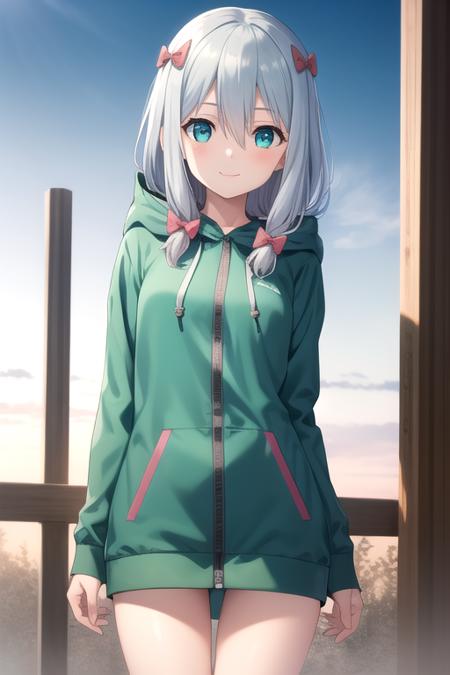 long hair,grey hair,hair bow,pink bow,hair ribbon,tress ribbon,sidelocks,hair between eyes,bangs,aqua eyes hoodie,hooded jacket,green jacket,hood down,long sleeves,medium breasts,skindentation,bare legs,barefoot