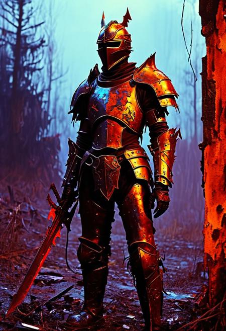 ghostly knight, spectral and translucent, armor rusted and broken
silhouette ,
in the style of the decaying empire of Wrstreich, dark magic and grotesque creatures abound, inspired by Sean Aaberg's punk aesthetic, dark fantasy world combines grim landscapes with vibrant, exaggerated neon colorful art, old 80's VHS dark fantasy, VHS screen grab, grainy, old footage