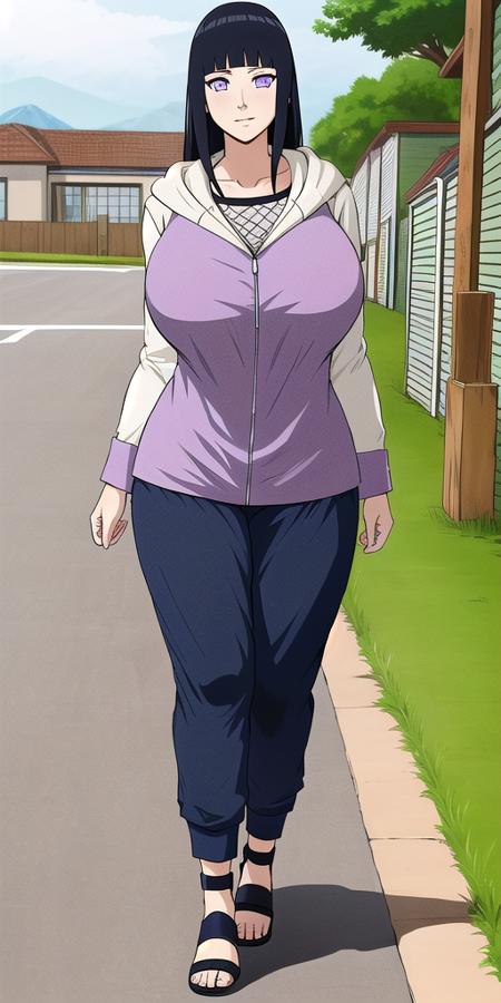 <lora:Hyuuga_HinataV2:0.7> hyuuga_hinata, huge_breasts, standing, solo, Purple_hooded_jacket_Blue_pants,, masterpiece, best quality, detailed face, detailed eyes, highres,