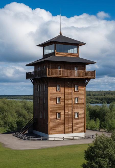 watchtower which is an aerial surveillance structure built between 1940 and 1942. the wooden building has an asphalt shingle cladding comprising a four-story square tower topped with a terrace and metal guardrail. Add three rectangular annexes to the building. Cululus river and clouds background