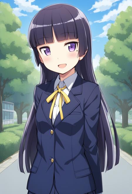 1girl, gokou ruri, mole under eye, mole, solo, long hair, black hair, school uniform, shirt, looking at viewer, jacket, ribbon, upper body, open mouth, white shirt, hime cut, smile, purple eyes, neck ribbon, blazer, blush, yellow ribbon, outdoors, bangs, blunt bangs, tree, collared shirt, medium quality, late, <lora:char - gokou ruri - v1 - bionagato:1>