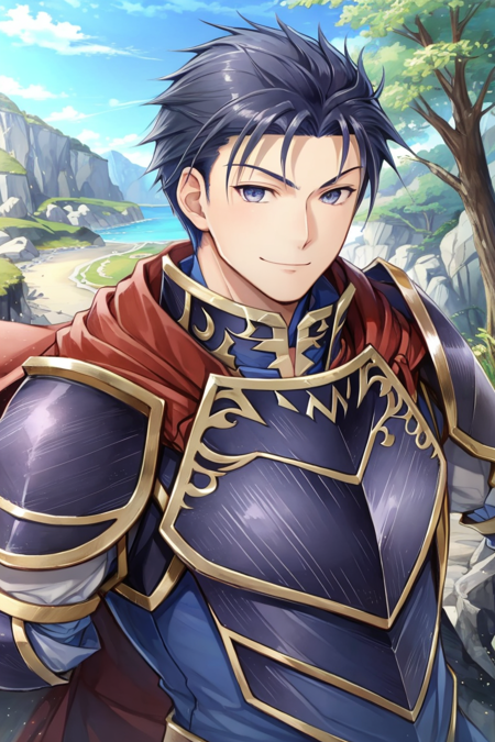 <lora:Hector_FE-10:1> hector fe, ultra high quality cg, solo, looking at viewer, smile, upper body, gloves, 1boy, male focus, cape, armor, shoulder armor, scenery