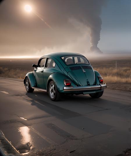cinematic photo , realistic, best quality, masterpiece,  cinematic light, sidelighting,    fog, acidic pits, bubbling liquids, toxic fumes, treacherous terrain <lora:quiron_beetleVW_V1_Lora:0.87> beetleVWQuiron car,  . 35mm photograph, film, bokeh, professional, 4k, highly detailed