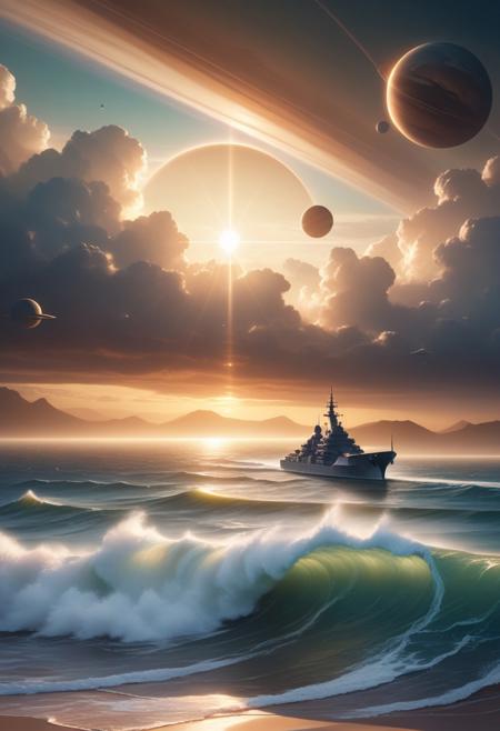 A soft cinematic haze, natural earth tones, depicting an alien planet from space.  Futuristic and mystical ships battle on dramatic ocean waves under vibrant skies; the scene rendered in soft focus with muted browns and beiges.