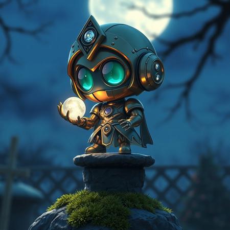 olbks  A chibi-style robotic sorceress perched atop a mossy stone pedestal at blue hour, her petite frame made of polished bronze and crystal lenses; soft moonlight creates gentle reflections across her orb and tiny articulated fingers. Style reminiscent of a high-end anime key visualâkawaii, magical, with refined lighting contrasts.