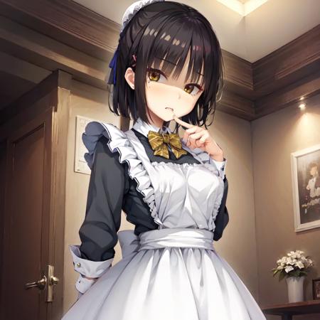 solo, Natsume, black hair, yellow eyes, (bun cover:1.1), mole under eye, maid, maid apron, striped bowtie, shaded face, disgust, looking at viewer, hairclip, long sleeves