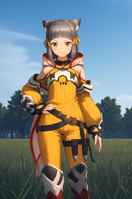 <lora:NiadajiaV1:0.8>,niadajia,1girl,solo,grey hair,short hair,blunt bangs,tips pointing backward cat ears,yellow head ribbon,yellow eyes,smile,smug,:3,
high-collared yellow bodysuit with white trim,pink hood with pairs of long ribbons,flat chest,hood down,black white gauntlets,white gloves,metallic buckle belt,black white leg armor with red boots,
outdoors,grass,blue sky,<lora:add_detail:0.3>,cowboy shot,, Exquisite visuals, high-definition,masterpiece,best quality,Exquisite visuals,high-definition,masterpiece,best quality,18yo,Young female,Beautiful Fingers,Beautiful long legs,Beautiful body,Beautiful character design,