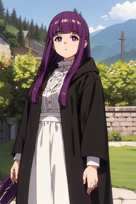 fern, purple eyes, bright pupils, white pupils, purple hair, long hair, blunt bangs, hime cut, sidelocks black robe, hooded robe, hood down, white shirt, frills, buttons, long sleeves, white skirt, long skirt, black boots