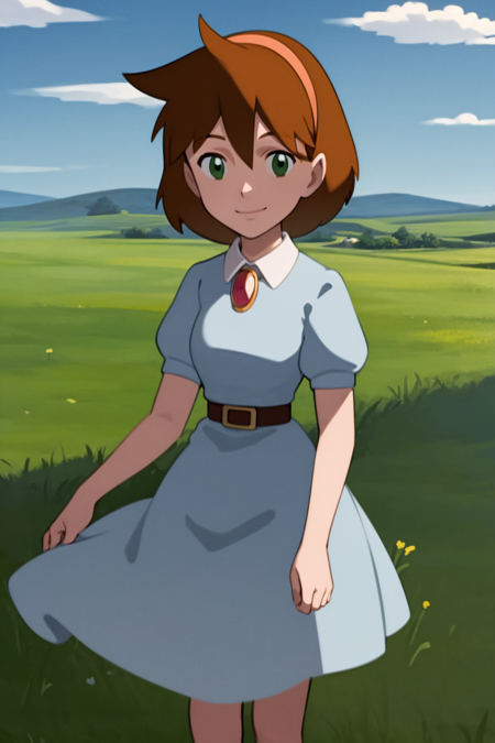 masterpiece, best quality, 1girl, janebuxton, brown hair, short hair, green eyes, hairband, brooch, dress, belt, standing, solo, looking at viewer, smile, blue sky, grass, cloud, meadow background, solid grey background  <lora:JaneBuxton:1>