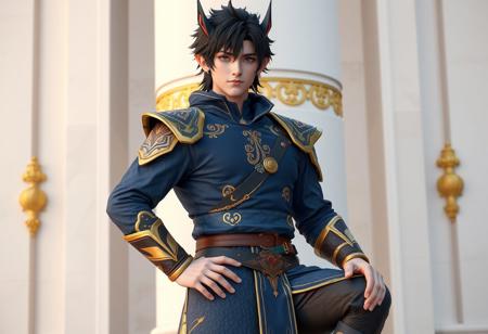 A high-resolution, 4K full body photographic portrait of a male cosplayer embodying a Fire Emblem: Awakening character. He wears a detailed blue and gold outfit with intricate textures and a black wig featuring sharp, pointed ears. He stands confidently with his left hand on his hip and his right hand on his thigh, positioned in front of a white pillar with ornate gold accents. The image boasts Exceptional Quality, More Detail, Lifelike Details, Super Detailed Face and Eyes and Clothes, Handcrafted with Precision, High Quality, Sharp Lines, Stunning Colors, Harmonious Colors, Multi Colored, Contemporary Aesthetics, Beautiful Matte Painting elements, Impeccable Composition, Creative Angle, Attractive Background, Balanced Editing, Intentional Focus, Well-timed Moment, subtle Isometric perspective, Captivating Lighting highlighting the costume and face, rendered with Octane Render and Unreal Engine 5. The image conveys Vivid Emotions and a Joyful Impact, aiming for a Powerful Message. Includes Beautiful Detailed Eyes. This is a masterpiece suitable for CGSociety and Artstation Trending on ArtstationHQ, following the Golden Ratio, subtly incorporating Grammer Effect Style, Splash Ink Illustration, Raphael Style, and Houdini Style.