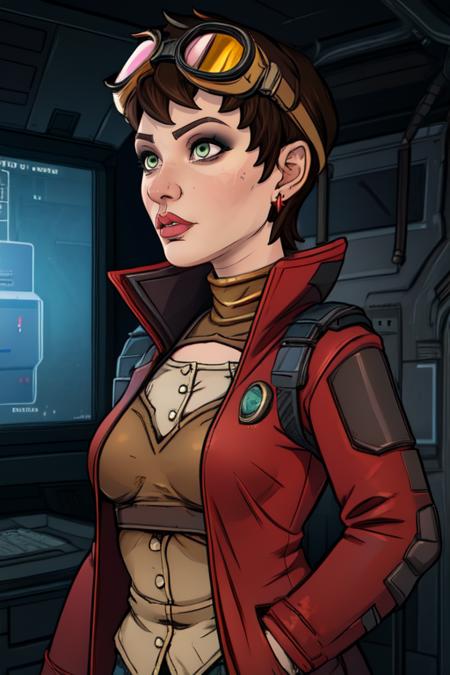 tannis, short brown hair, green eyes,
goggles on head, red jacket, tan shirt, earrings , brown footwear, pants, 
standing, upper body,  close up,  
spaceship,  medical room,  rusty, 
 (insanely detailed, beautiful detailed face, masterpiece, best quality) 
 <lora:tannis:0.8>