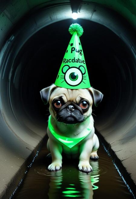 zhibi, (cute glowing radioactive pug with big chibi eyes, tunnel:1.1, animal_focus:1.2), party hat, pug party, party decorations, sewer tunnel, reflection, creepy, dark, vivid lighting, high contrast, lazypos,