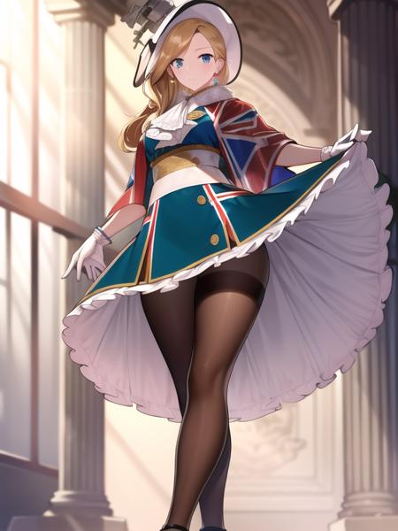 (hyper extreme detailed),(masterpeace),(hyper extreme),(photorealistic),CG,(colour:1.2), beautiful lighting,light from the front,solo,  <lora:hood:1>,hood,blonde hair,blue eyes,black pantyhose,earrings,gloves ,jewelry,long hair,blue anad white long skirt,blue long dress,shoes,union jack,frilled_dress,hat,